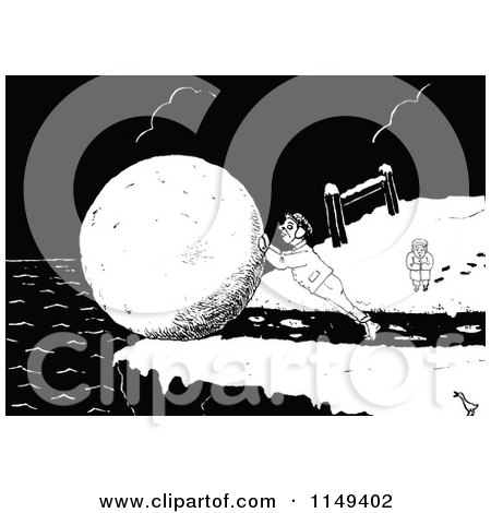 Clipart of a Retro Vintage Black and White Man Rolling a Giant Snowball - Royalty Free Vector Illustration by Prawny Vintage
