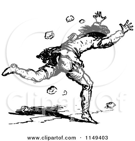 Clipart of a Retro Vintage Black and White Man Running Away from Rocks - Royalty Free Vector Illustration by Prawny Vintage