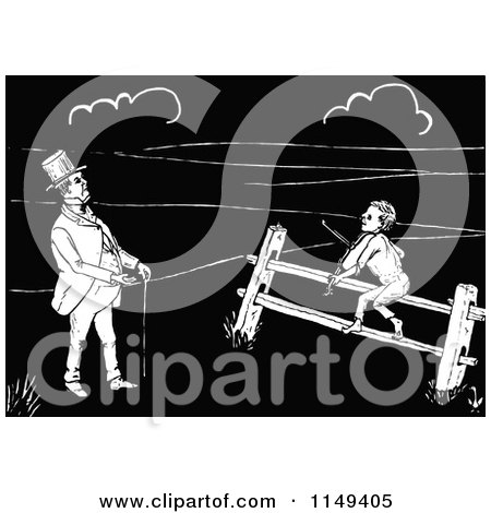 Clipart of a Retro Vintage Black and White Boy Playing a Fiddle on a Fence for a Man - Royalty Free Vector Illustration by Prawny Vintage