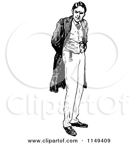 Clipart of a Retro Vintage Black and White Man Adjusting His Coat - Royalty Free Vector Illustration by Prawny Vintage