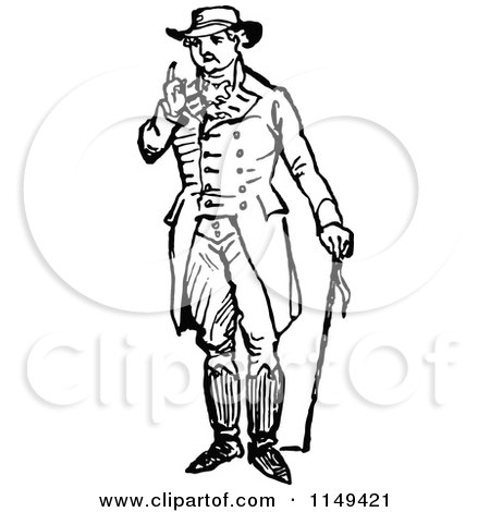 Clipart of a Retro Vintage Black and White Man Holding up a Finger - Royalty Free Vector Illustration by Prawny Vintage