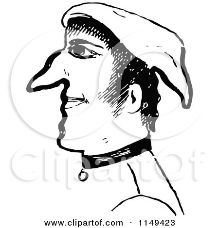 Clipart of a Retro Vintage Black and White Man in a Pointy Hat 2 - Royalty Free Vector Illustration by Prawny Vintage