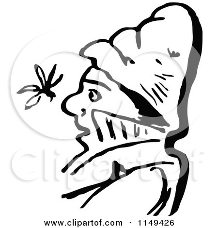 Clipart of a Retro Vintage Black and White Gnat in a Mans Face - Royalty Free Vector Illustration by Prawny Vintage