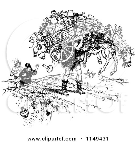 Clipart of a Retro Vintage Black and White Strong Man Carrying a Horse and Full Wagon - Royalty Free Vector Illustration by Prawny Vintage