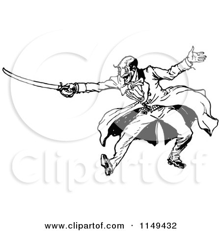 Clipart of a Retro Vintage Black and White Man Sword Fighting - Royalty Free Vector Illustration by Prawny Vintage