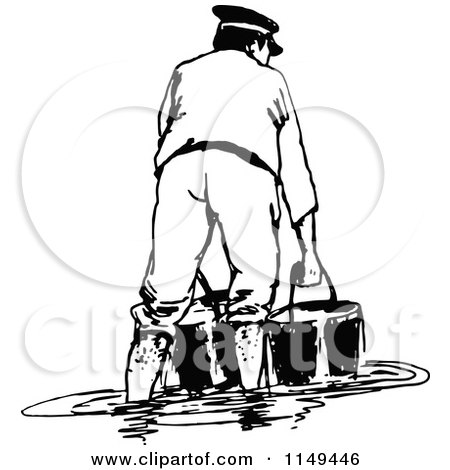 Clipart of a Retro Vintage Black and White Man with Buckets in a Flood - Royalty Free Vector Illustration by Prawny Vintage