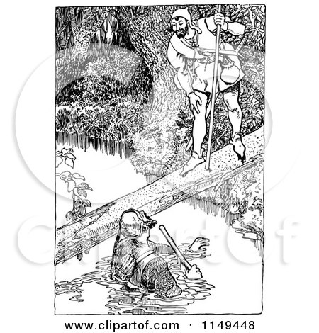 Clipart of a Retro Vintage Black and White Forest Man Talking to a Man in a Creek - Royalty Free Vector Illustration by Prawny Vintage