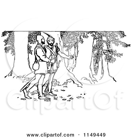 Clipart of a Retro Vintage Black and White Forest Men in the Woods - Royalty Free Vector Illustration by Prawny Vintage