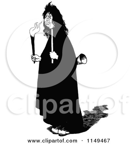 Clipart of a Retro Vintage Black and White Creepy Man Carrying a Torch - Royalty Free Vector Illustration by Prawny Vintage