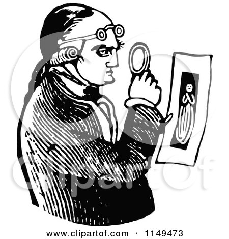 Clipart of a Retro Vintage Black and White Man Examining a Photo - Royalty Free Vector Illustration by Prawny Vintage