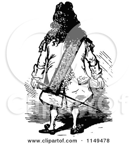 Clipart of a Retro Vintage Black and White Rear View of a Man with a Sword - Royalty Free Vector Illustration by Prawny Vintage