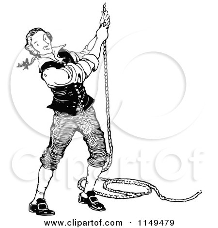 Clipart of a Retro Vintage Black and White Man Pulling down on a Rope - Royalty Free Vector Illustration by Prawny Vintage