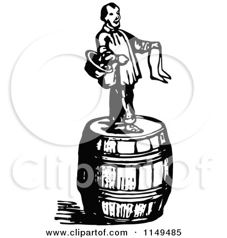 Clipart of a Retro Vintage Black and White Man on a Barrel Selling Stockings - Royalty Free Vector Illustration by Prawny Vintage