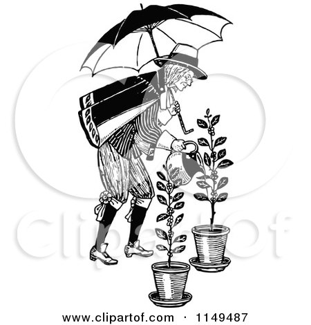 Clipart of a Retro Vintage Black and White Man with Umbrella Watering Plants - Royalty Free Vector Illustration by Prawny Vintage