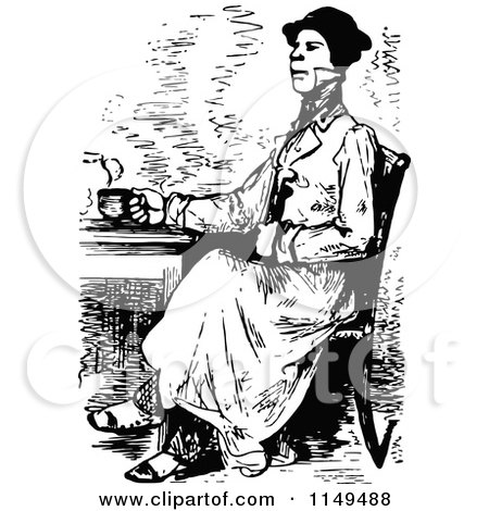 Clipart of a Retro Vintage Black and White Man Drinking Coffee or Tea - Royalty Free Vector Illustration by Prawny Vintage