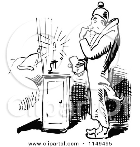 Clipart of a Retro Vintage Black and White Man Burning His Finger Trying to Snuff out a Candle - Royalty Free Vector Illustration by Prawny Vintage
