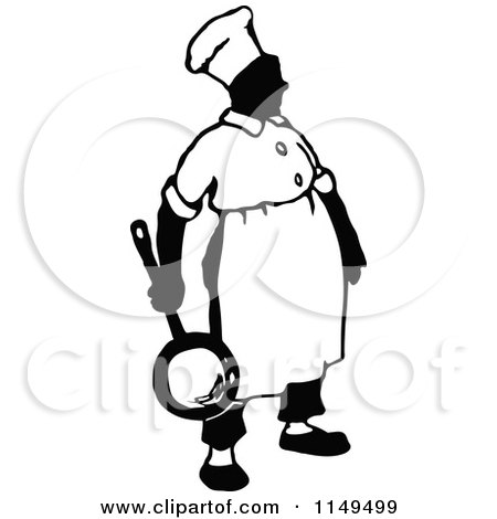 Clipart of a Retro Vintage Black and White Chef Carrying a Frying Pan - Royalty Free Vector Illustration by Prawny Vintage