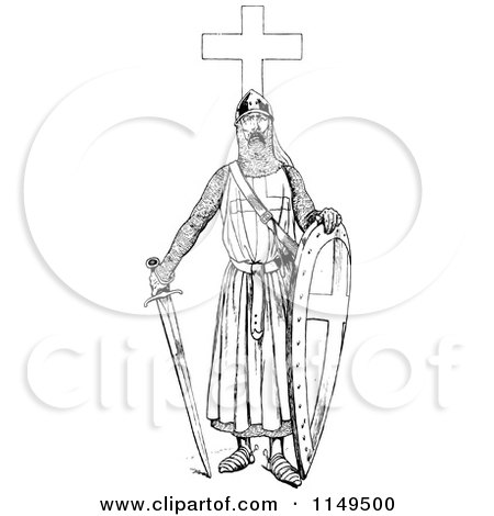 Clipart of a Retro Vintage Black and White Knight with a Sword and Cross - Royalty Free Vector Illustration by Prawny Vintage