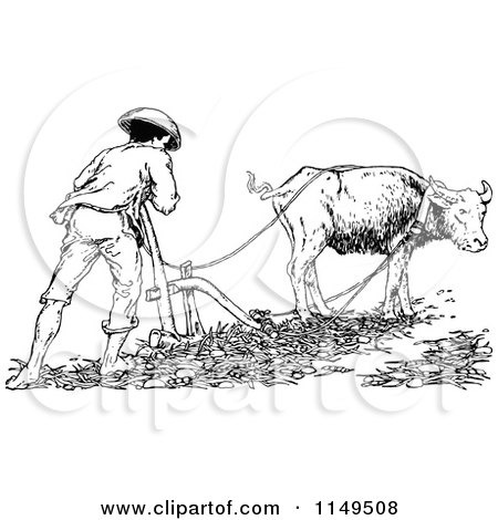 Clipart of a Retro Vintage Black and White Farmer and Cow Ploughing - Royalty Free Vector Illustration by Prawny Vintage