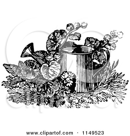 Clipart of a Retro Vintage Black and White Watering Can in Plants - Royalty Free Vector Illustration by Prawny Vintage