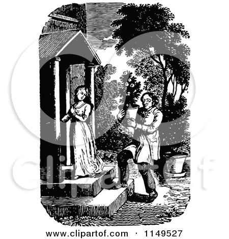 Clipart of a Retro Vintage Black and White Gardener Approaching a Woman - Royalty Free Vector Illustration by Prawny Vintage