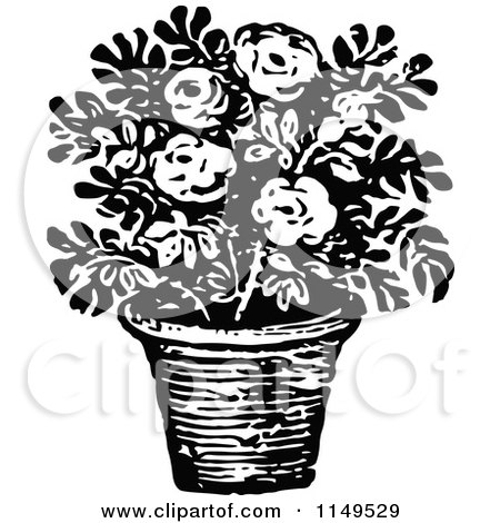 Clipart of a Retro Vintage Black and White Potted Flower Plant - Royalty Free Vector Illustration by Prawny Vintage