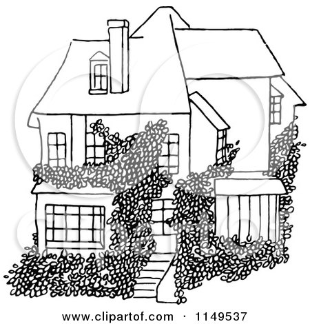 Clipart of a Retro Vintage Black and White House and Vine - Royalty Free Vector Illustration by Prawny Vintage