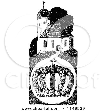 Clipart of a Retro Vintage Black and White Crown and Church - Royalty Free Vector Illustration by Prawny Vintage