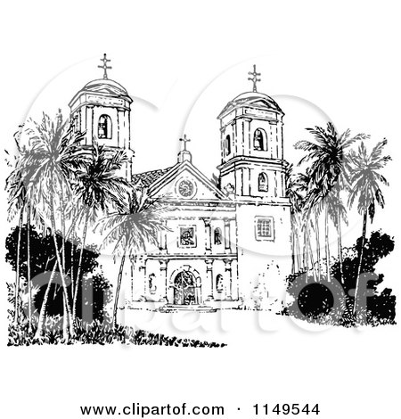 Clipart of a Retro Vintage Black and White Church with Palm Trees - Royalty Free Vector Illustration by Prawny Vintage