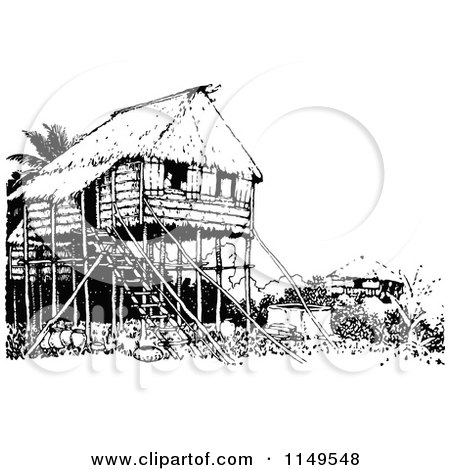 Clipart of a Retro Vintage Black and White Stilt House - Royalty Free Vector Illustration by Prawny Vintage