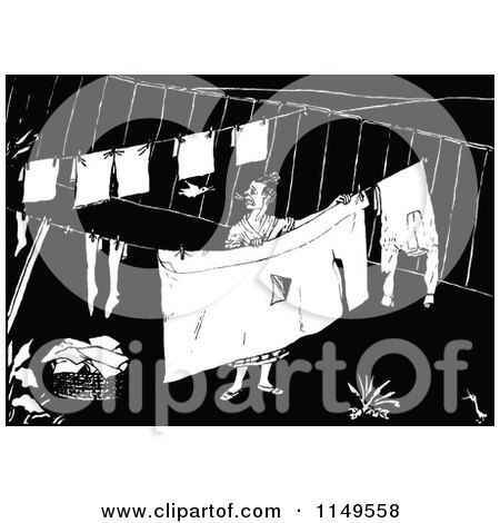 Clipart of a Retro Vintage Black and White Woman Hanging Laundry - Royalty Free Vector Illustration by Prawny Vintage