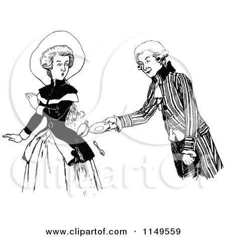 Clipart of a Retro Vintage Black and White Man Spilling a Drink on a Woman - Royalty Free Vector Illustration by Prawny Vintage
