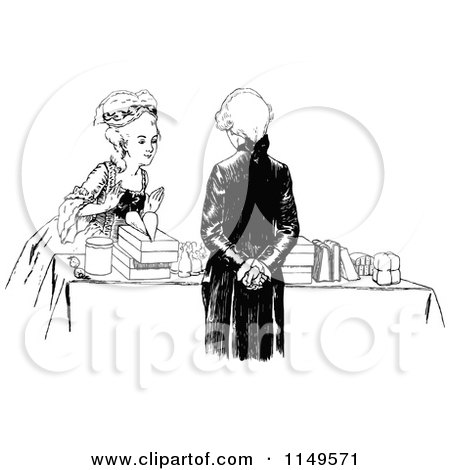 Clipart of a Retro Vintage Black and White Woman Browsing a Salesmans Table - Royalty Free Vector Illustration by Prawny Vintage