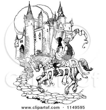 Clipart of a Retro Vintage Black and White Medieval Horse and Men Arriving at a Castle - Royalty Free Vector Illustration by Prawny Vintage