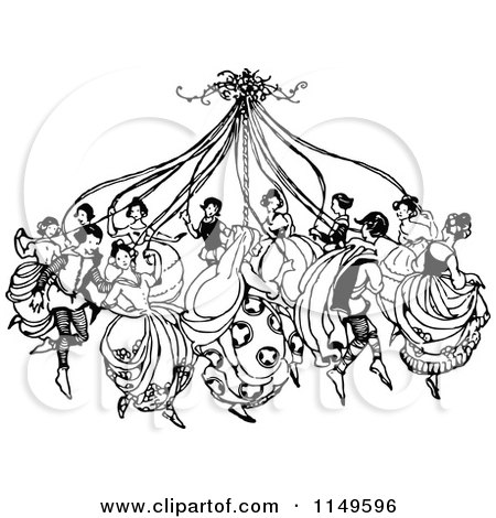 Clipart of Retro Vintage Black and White People Dancing Around a Maypole - Royalty Free Vector Illustration by Prawny Vintage