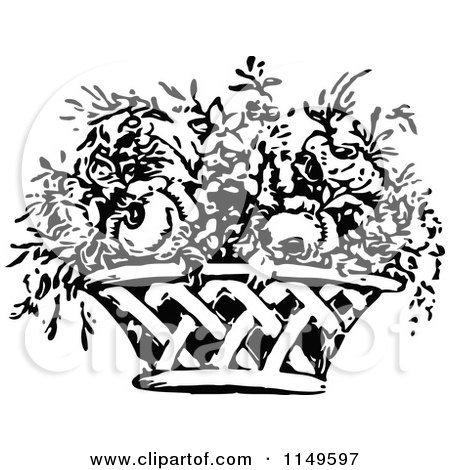 Clipart of a Retro Vintage Black and White Flower Basket - Royalty Free Vector Illustration by Prawny Vintage