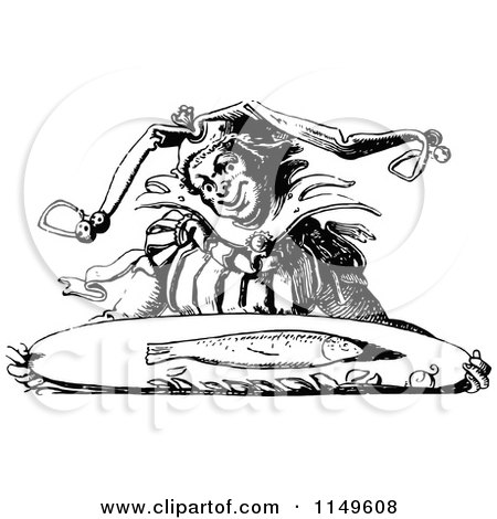 Clipart of a Retro Vintage Black and White Jester Carrying a Fish on a Tray - Royalty Free Vector Illustration by Prawny Vintage