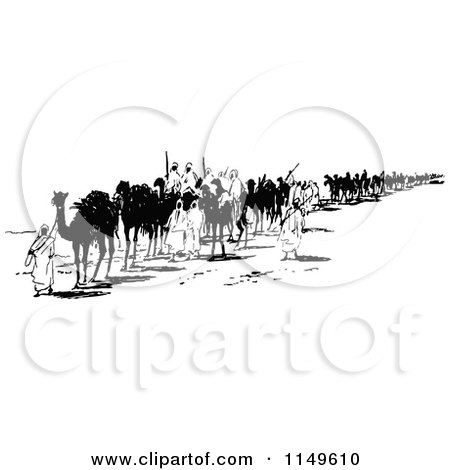 Clipart of a Retro Vintage Black and White Bedoin Tribe with Camels - Royalty Free Vector Illustration by Prawny Vintage