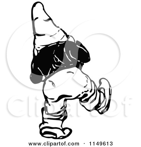 Clipart of a Retro Vintage Black and White Gnome Walking Away - Royalty Free Vector Illustration by Prawny Vintage