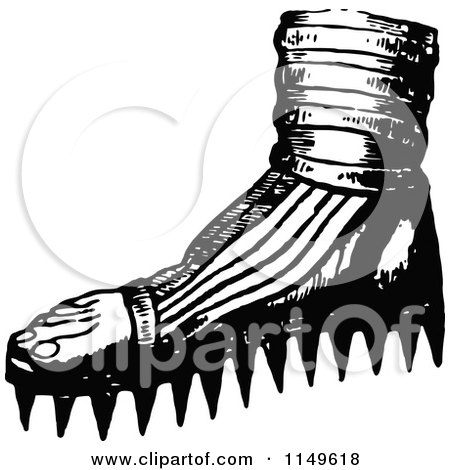 Clipart of a Retro Vintage Black and White Foot with Spiked Soles - Royalty Free Vector Illustration by Prawny Vintage