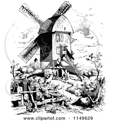 Clipart of a Retro Vintage Black and White Windmill and Workers - Royalty Free Vector Illustration by Prawny Vintage