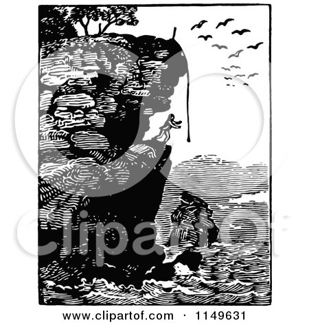 Clipart of a Retro Vintage Black and White Man on a Coastal Cliff - Royalty Free Vector Illustration by Prawny Vintage