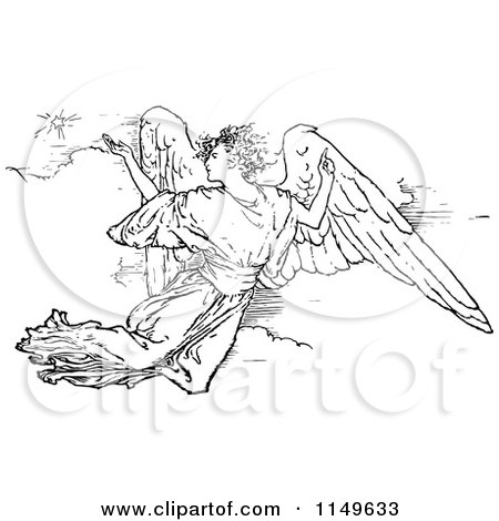 Clipart of a Retro Vintage Black and White Flying Angel - Royalty Free Vector Illustration by Prawny Vintage