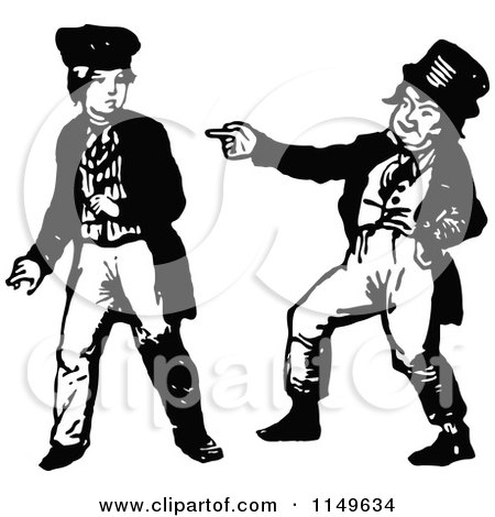 Clipart of a Retro Vintage Black and White Boy Making Fun of Another Boy - Royalty Free Vector Illustration by Prawny Vintage