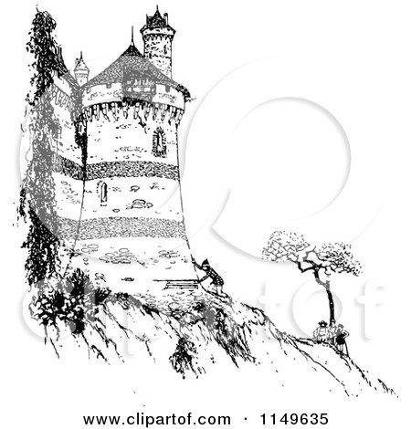 Clipart of a Retro Vintage Black and White Man by a Castle on a Cliff - Royalty Free Vector Illustration by Prawny Vintage