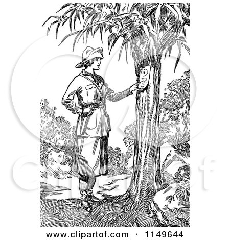 Clipart of a Retro Vintage Black and White Explorer Woman Reading a Note on a Tree - Royalty Free Vector Illustration by Prawny Vintage