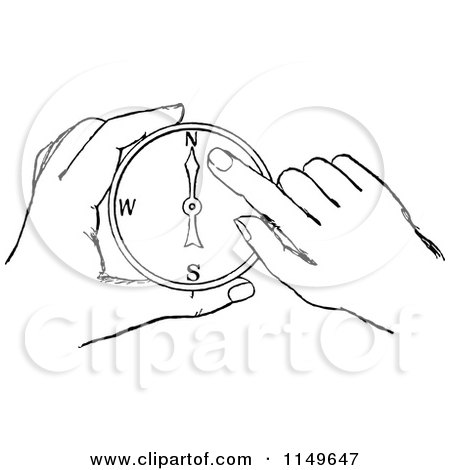Clipart of Retro Vintage Black and White Hands Holding a Compass - Royalty Free Vector Illustration by Prawny Vintage