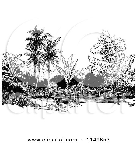 Clipart of a Retro Vintage Black and White Bridge and Palm Trees - Royalty Free Vector Illustration by Prawny Vintage