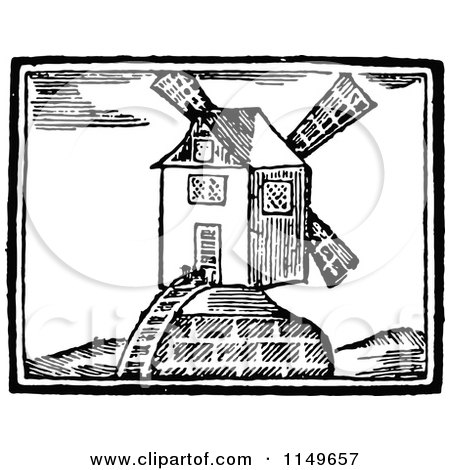 Clipart of a Retro Vintage Black and White Windmill on a Hill - Royalty Free Vector Illustration by Prawny Vintage
