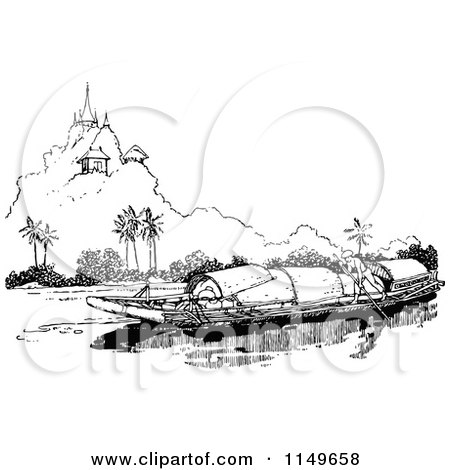 Clipart of a Retro Vintage Black and White Eastern Canoe - Royalty Free Vector Illustration by Prawny Vintage